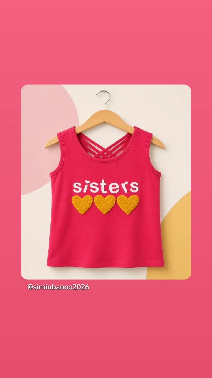 تاپ دخترانه صورتی مدل sisters باطرح سه قلب