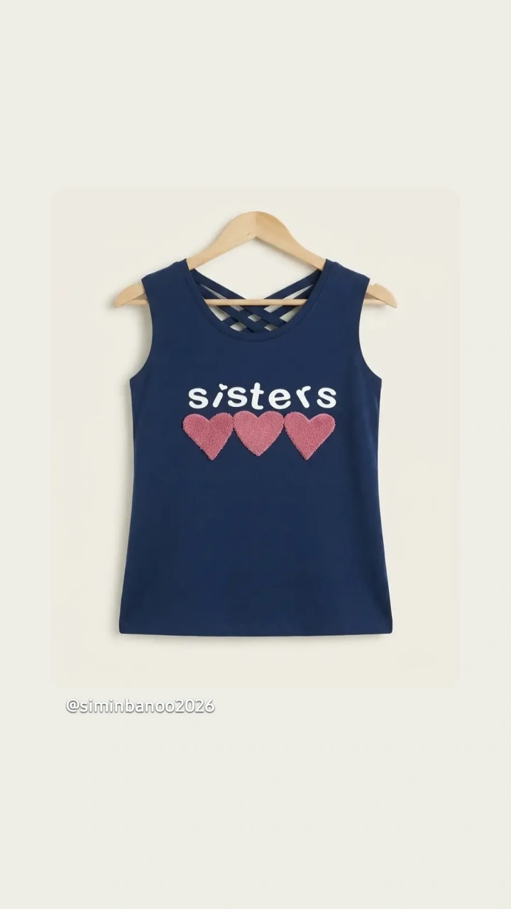 تاپ دخترانه ی سورمه ای مدل sisters باپشت بندضربدری وطرح قلب